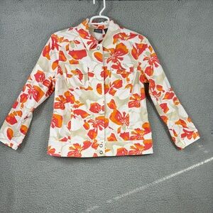 Chico's White Long Sleeve Jacket with Orange & Red Floral Print Snap Front